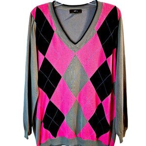 Ellos Argyle V-Neck Sweater – Size L (oversized fit) - Pink, Black, Gray